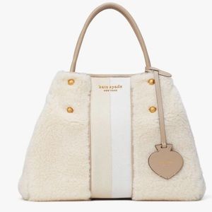 🆕 Kate Spade Everything Racing Stripe Faux Shearling Medium Tote Cream Multi